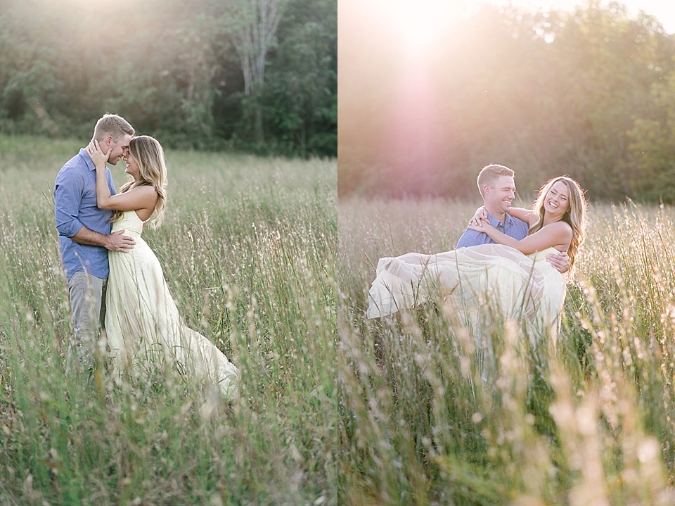 Engaged couple photo session long yellow dress tall grass field