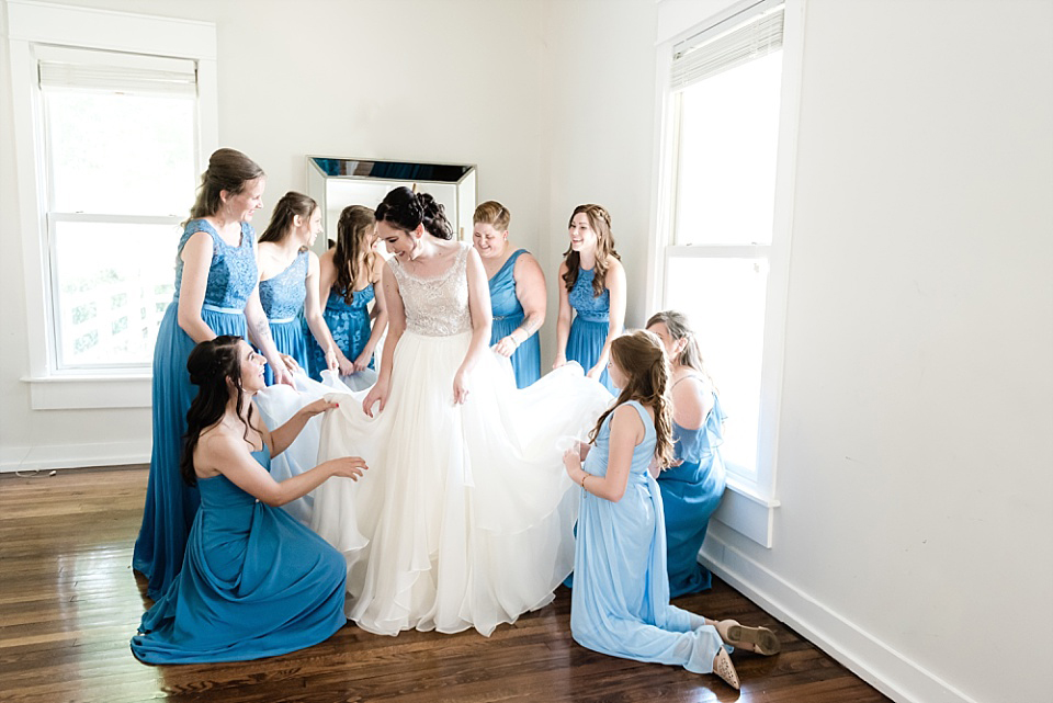 Bride and bridesmaid blue dresses Long Hollow Gardens
