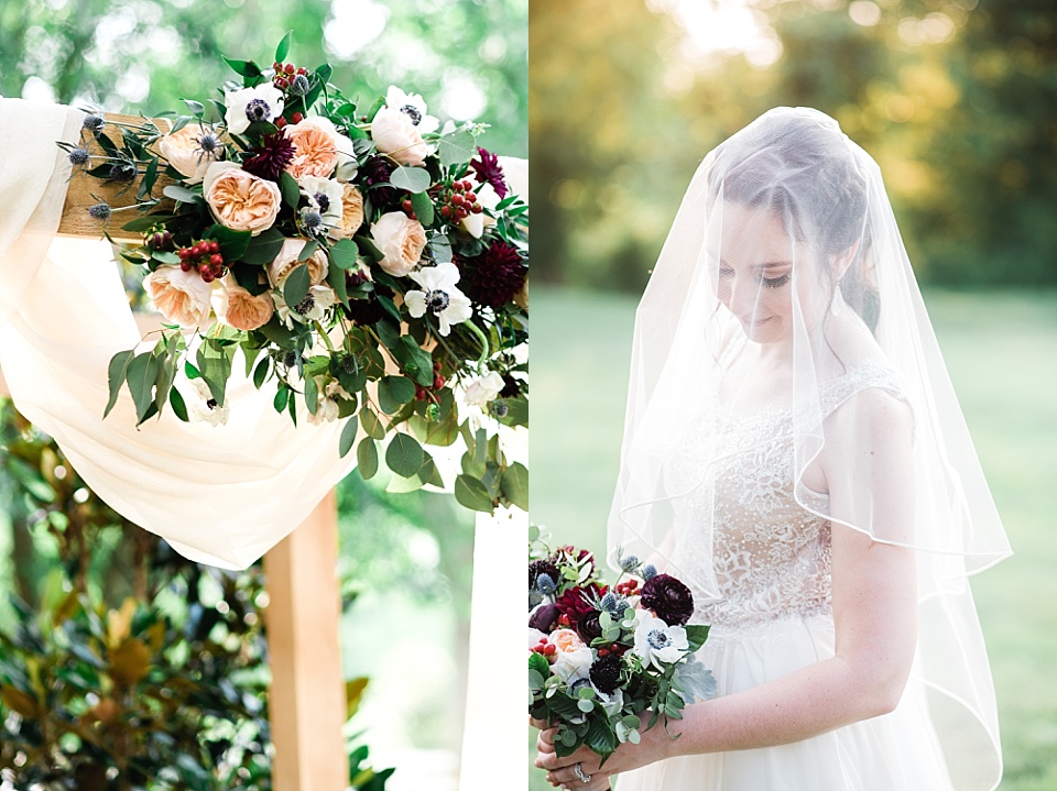 Bride portrait and outdoor wedding ceremony flowers