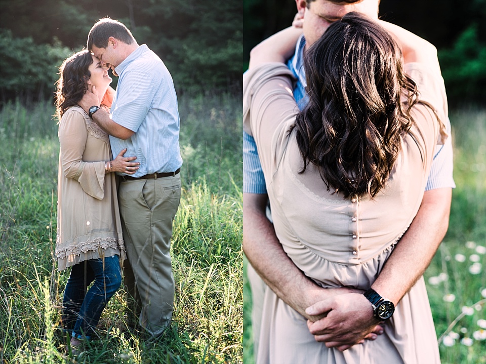 couple in field engagement session tan tunic