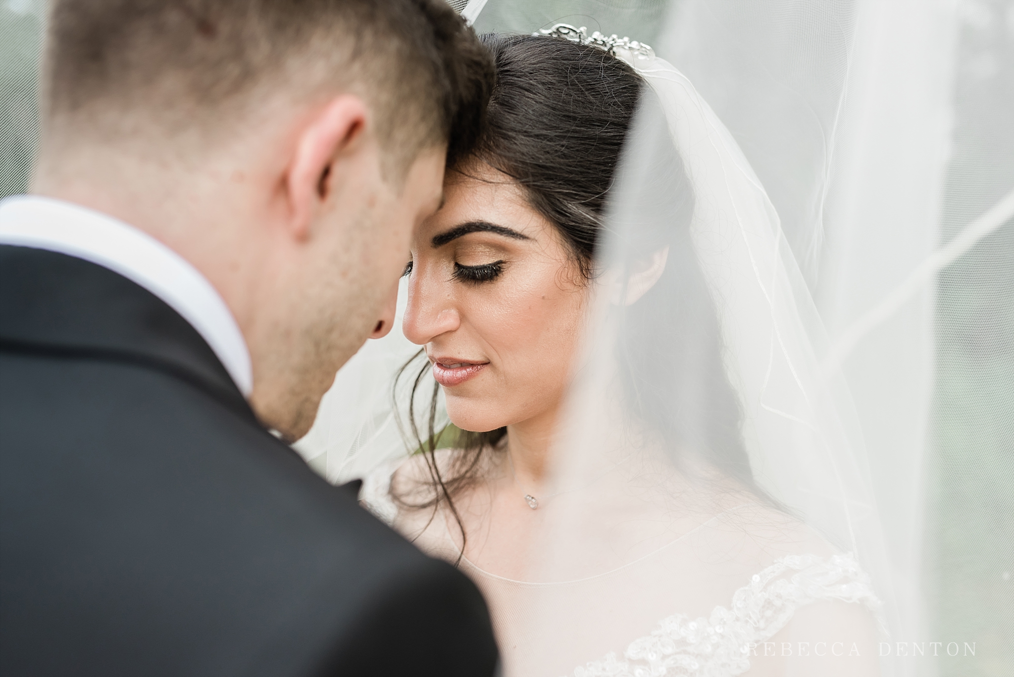 Bride and groom portrait veil