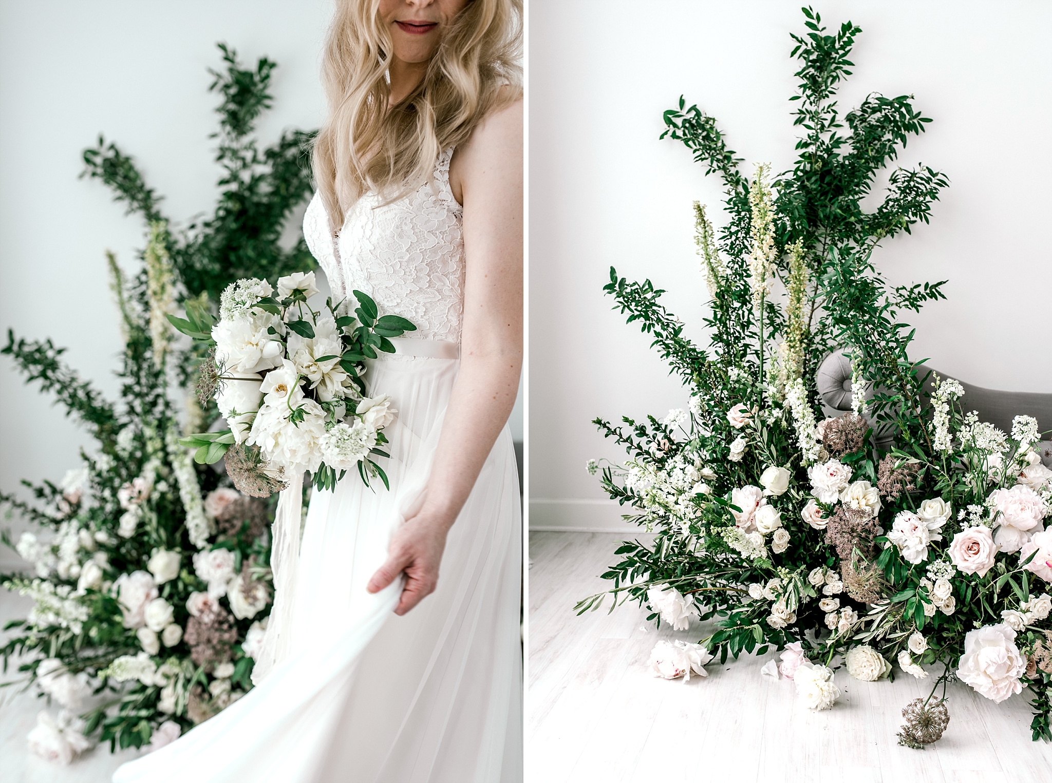 bride with greenery and white roses 