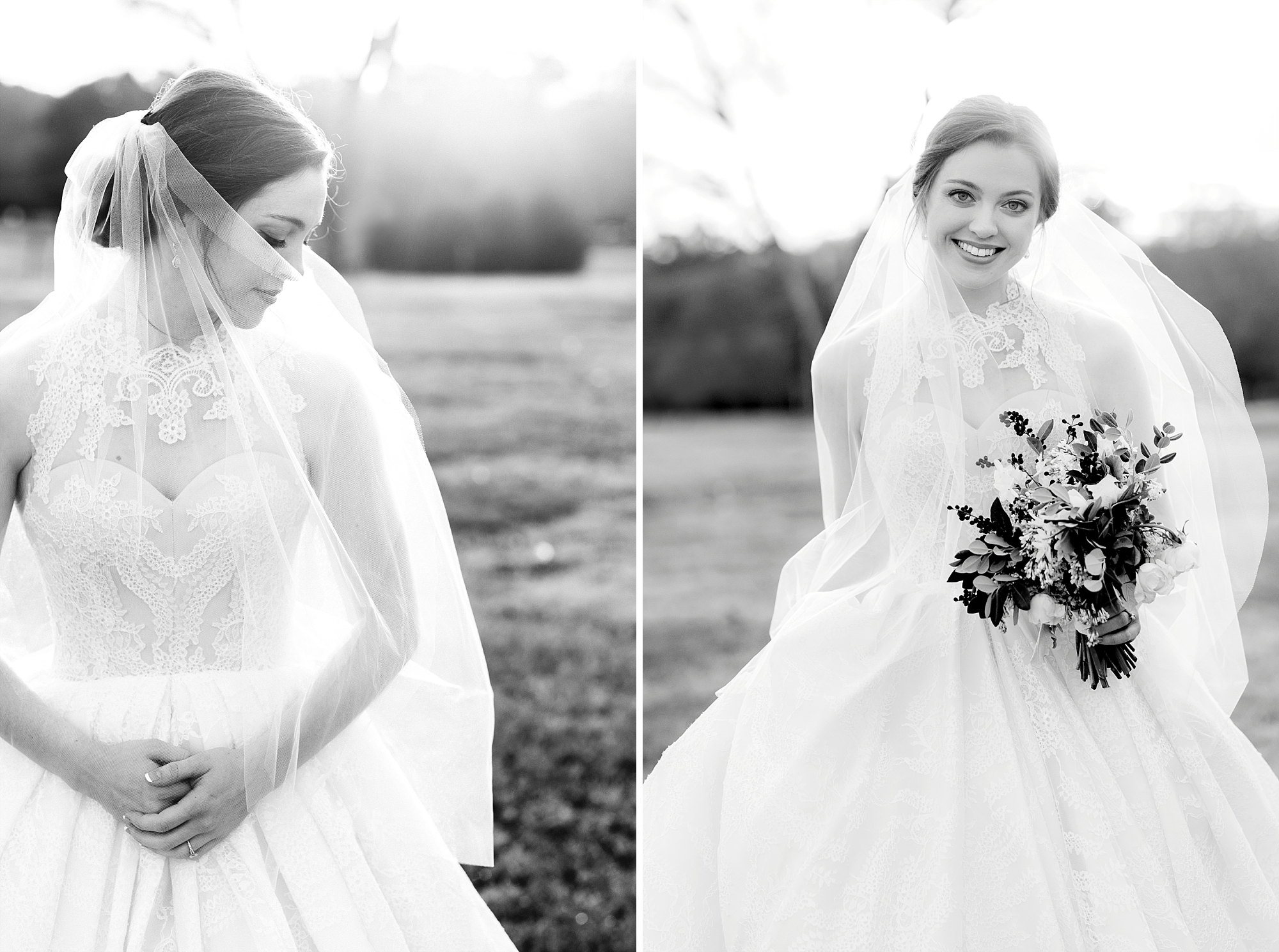black and white bridal portrait outdoors