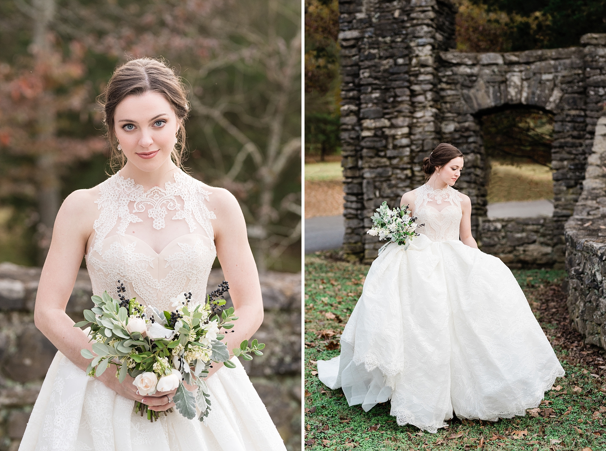 bridal portrait outdoors stone wall