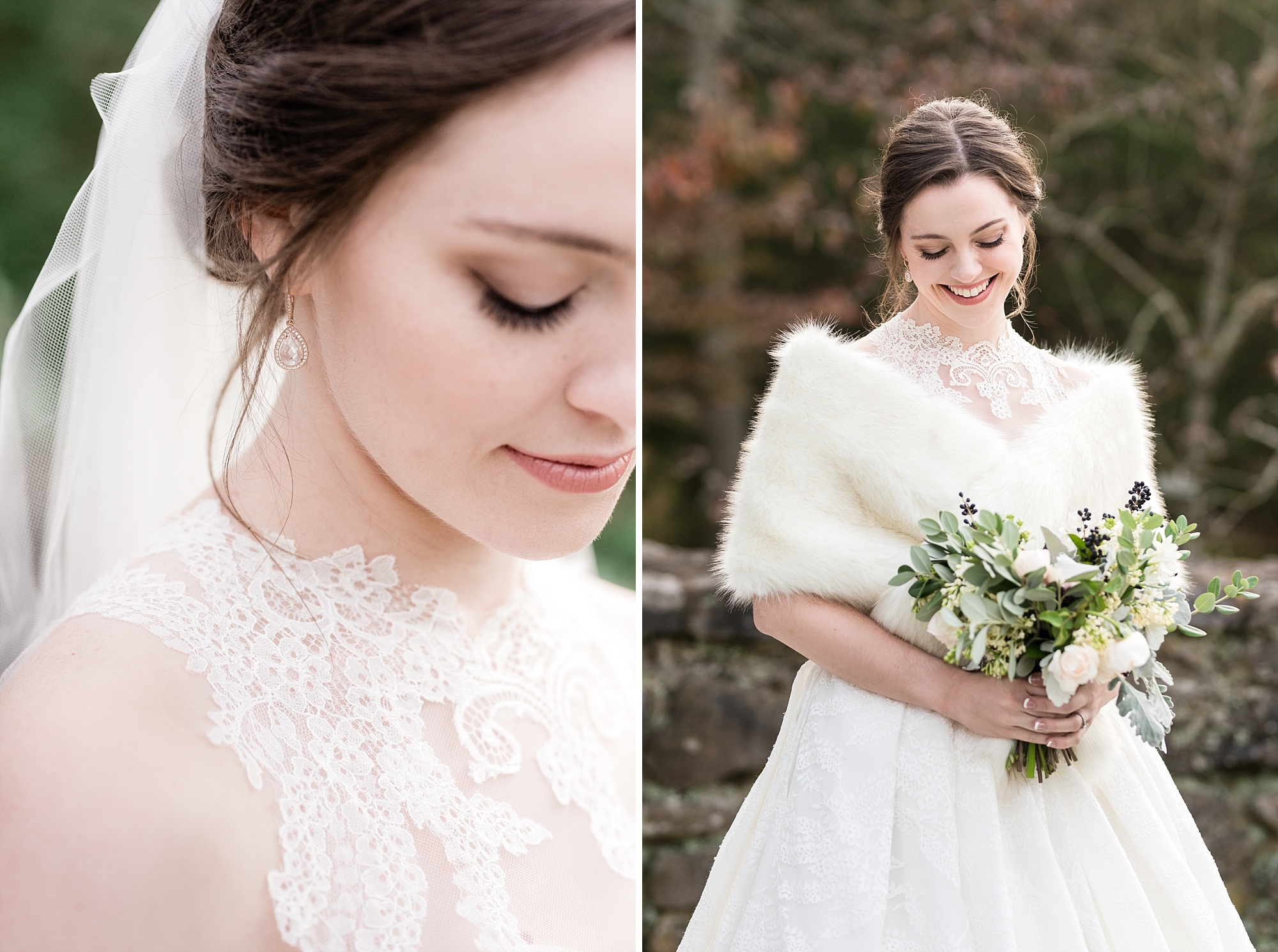 outdoor winter bridal portrait session with white fur