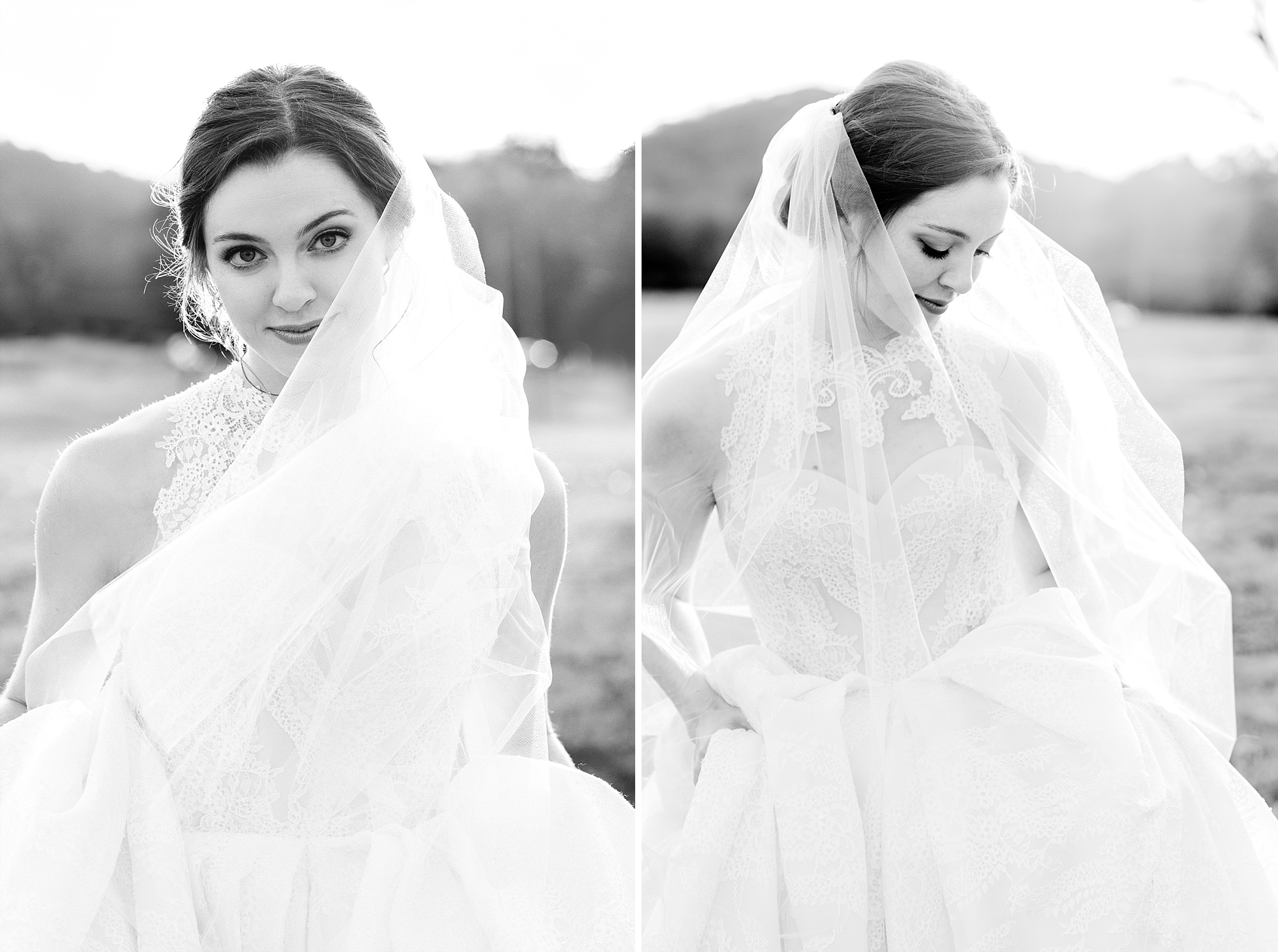 black and white bridal portrait veil