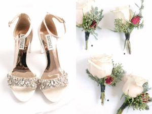 Bride details boutonnieres Badgley Mischka white shoes