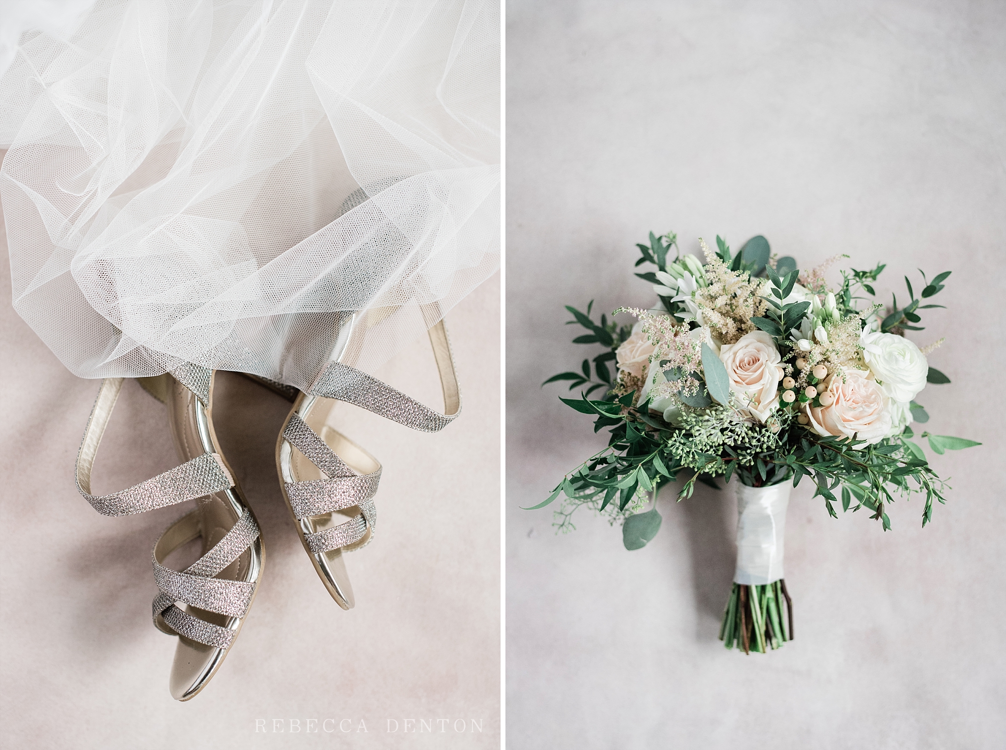 bride details shoes and flowers