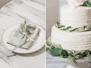 white wedding cake and greenery