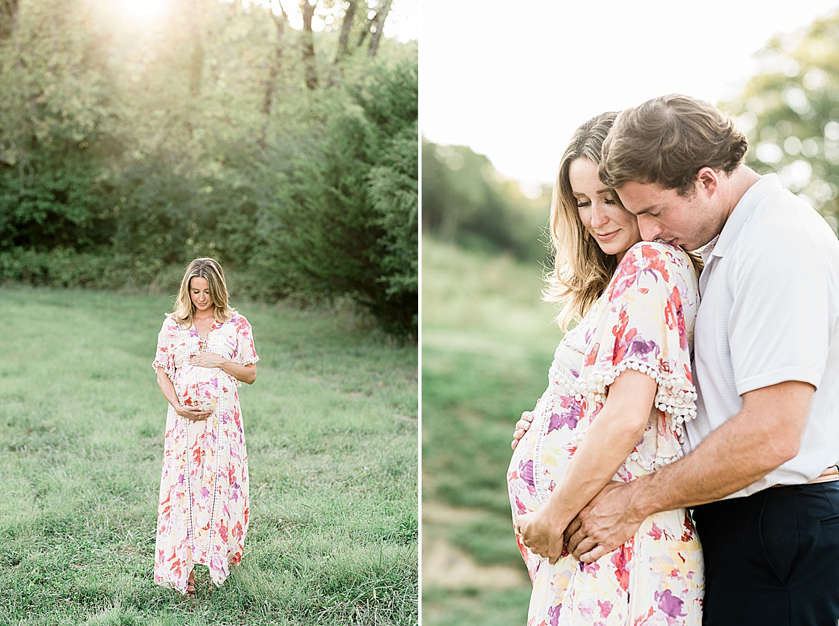 Backlight sunny golden maternity session outdoors
